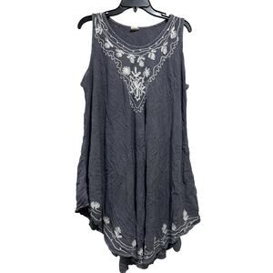 Riviera Sun Dress Womens 3X Gray Sleeveless Embroidered Boho Rayon Hanky Hem